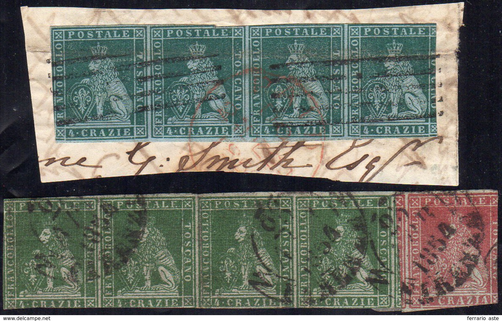 1851 - 4 Crazie Verde Azzurro Su Azzurro, Striscia Di Quattro Usata Su Frammento E 4 Crazie Verde Su... - Toskana