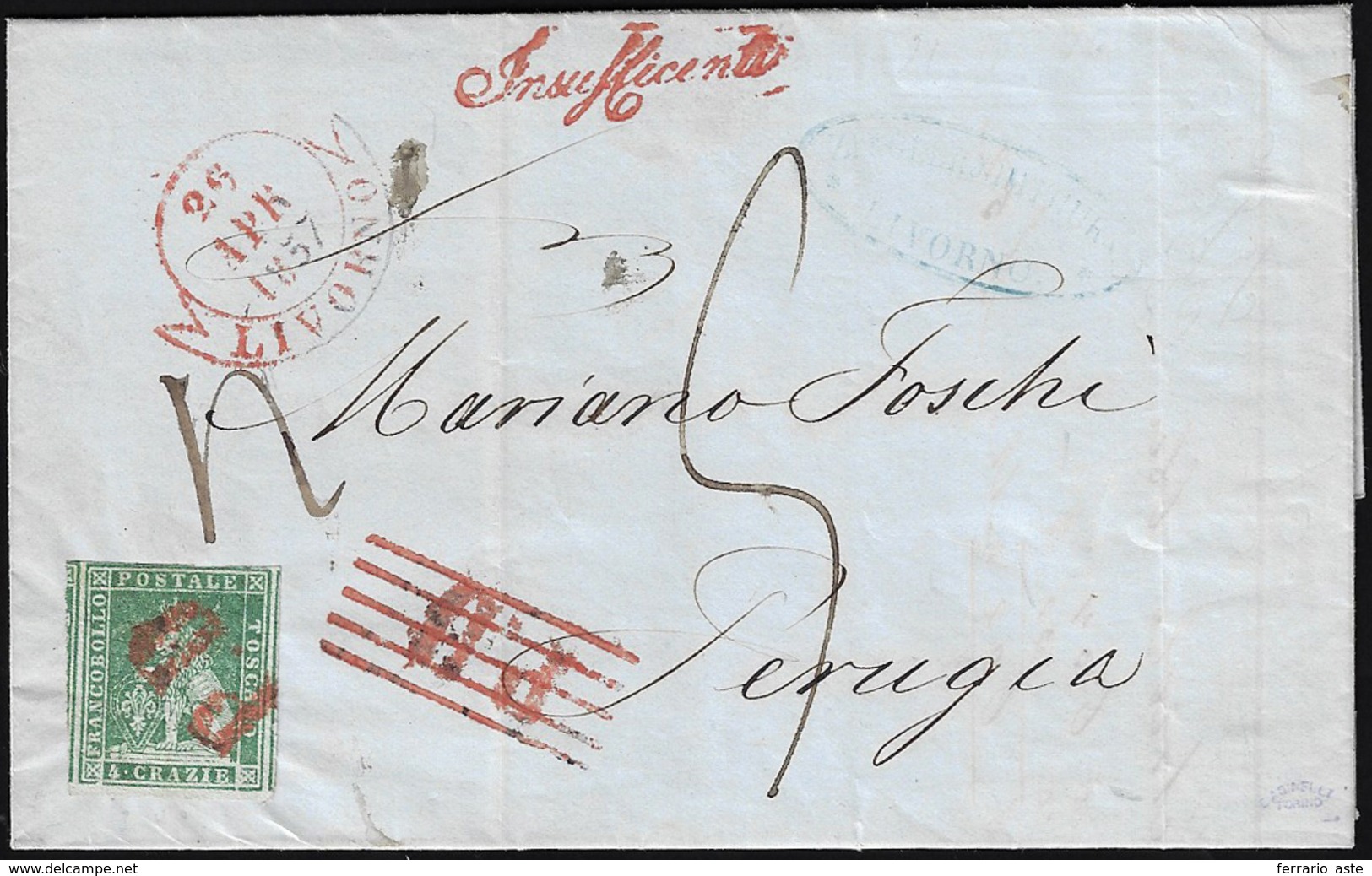 1857 - 4 Crazie Verde Su Grigio (6), Tre Margini Eccezionale, Sfiorato In Alto, Su Fresca Lettera Da... - Toscana