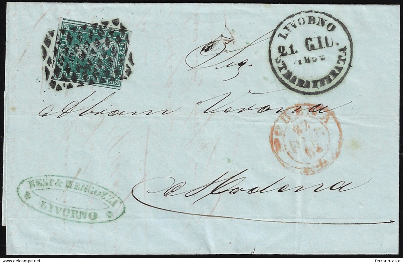 1852 - 6 Crazie Verde Azzurro Su Grigio (6c), Perfetto E Ben Marginato, Su Lettera Da Livorno 21/6/1... - Toscana