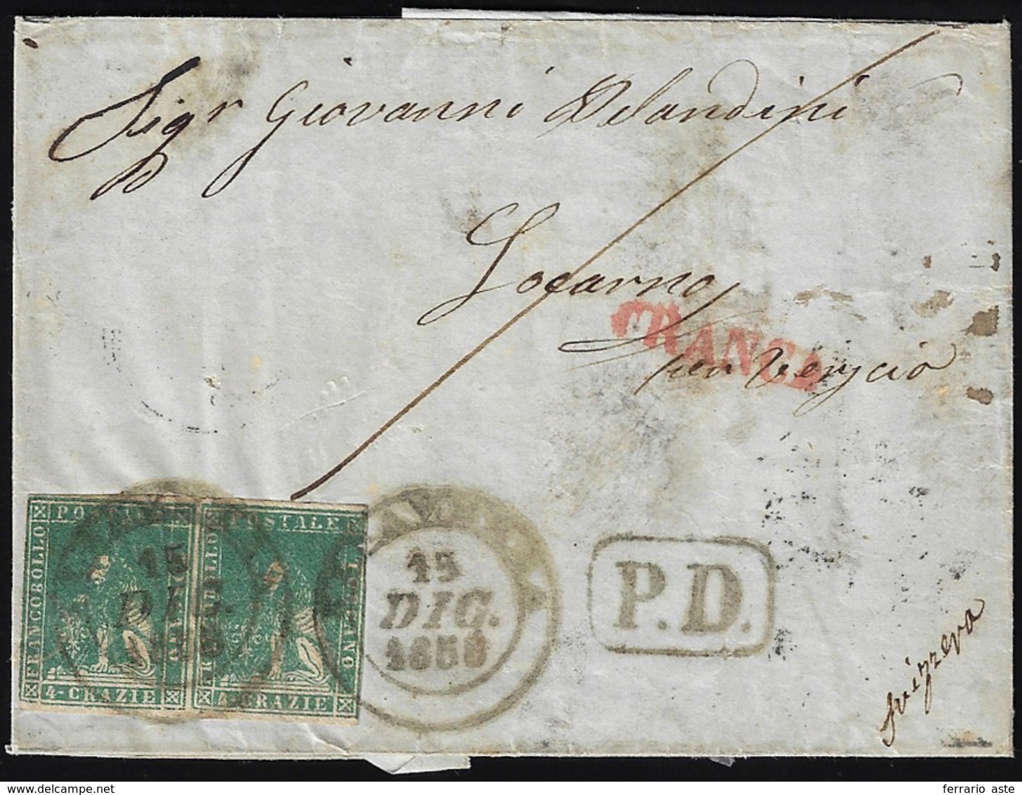 1858 - 4 Crazie Verde, II Emissione (14), Coppia, Intaccata A Destra, Su Sovracoperta Di Lettera Da ... - Toscana