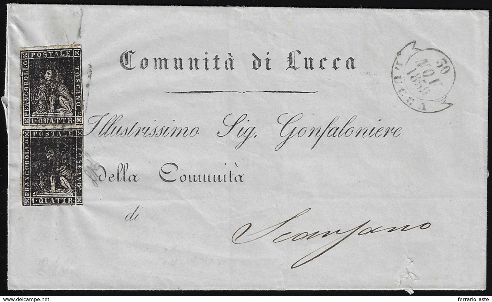 1859 - 1 Quattrino Nero, II Emissione (10), Coppia, Leggermente Difettosa, Su Sovracoperta Di Circol... - Tuscany