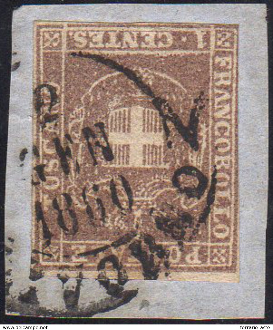 1860 - 1 Cent. Violetto Bruno (17), Un Margine Sfiorato, Usato Su Piccolo Frammento A Livorno 2/1/18... - Tuscany