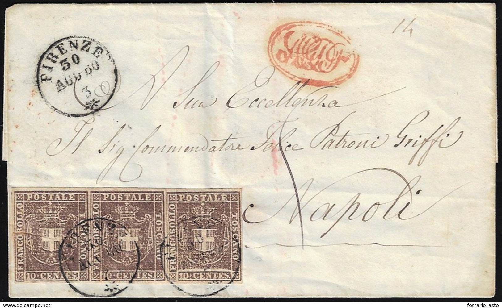 1860 - 10 Cent. Bruno (19), Striscia Di Tre, Pli D'accordeon Sul Primo Esemplare, Perfetta, Su Sovra... - Tuscany