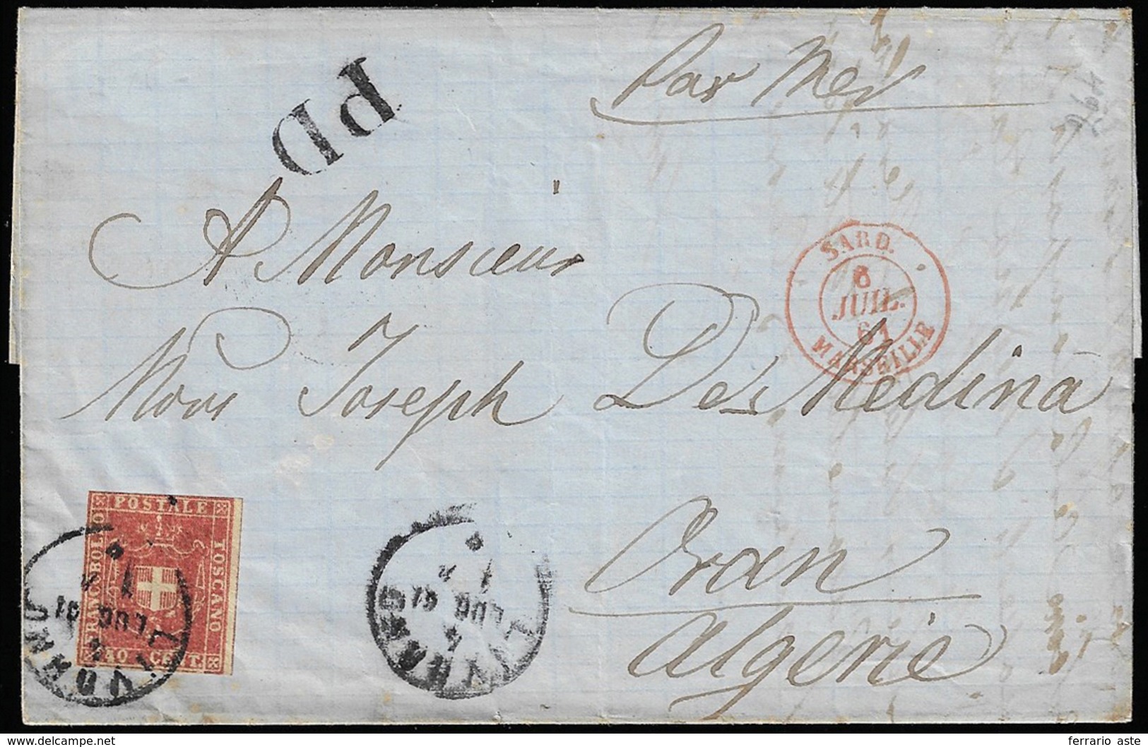 1861 - 40 Cent. Carminio (21), Sfiorato In Alto, Su Lettera Da Livorno 4/7/1861 Per L'Algeria. Desti... - Toskana