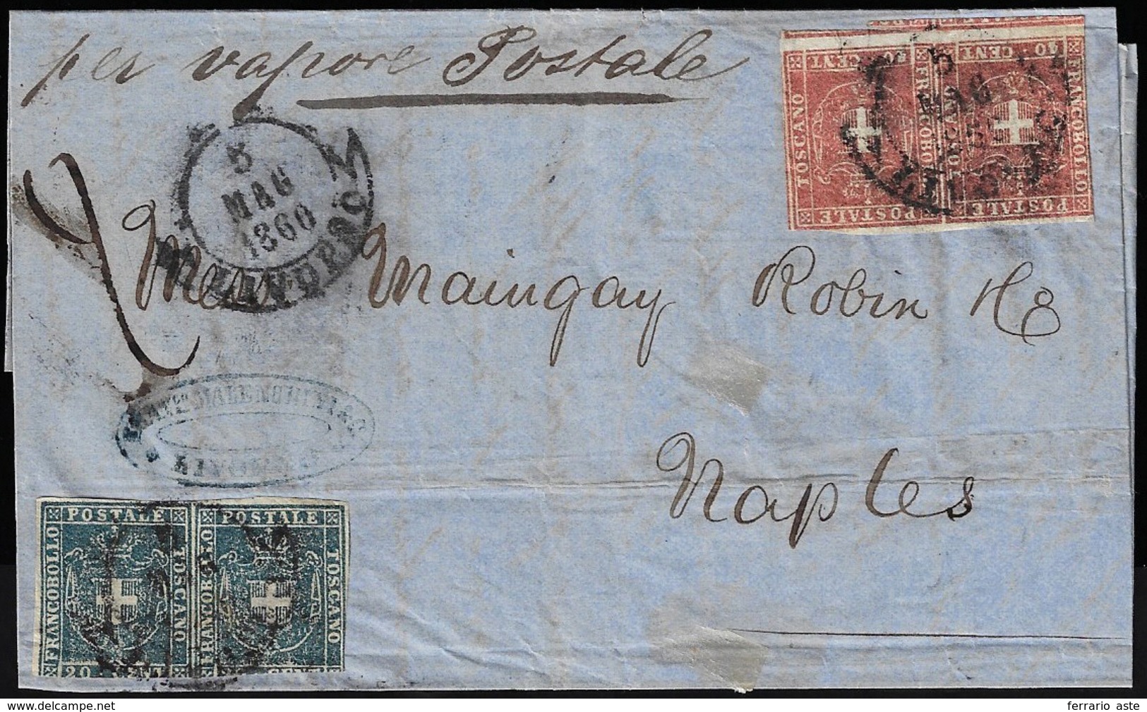 1860 - 40 Cent. Carminio, Coppia Con Parte Dell'interspazio Di Gruppo, 20 Cent. Azzurro, Coppia (21,... - Toskana