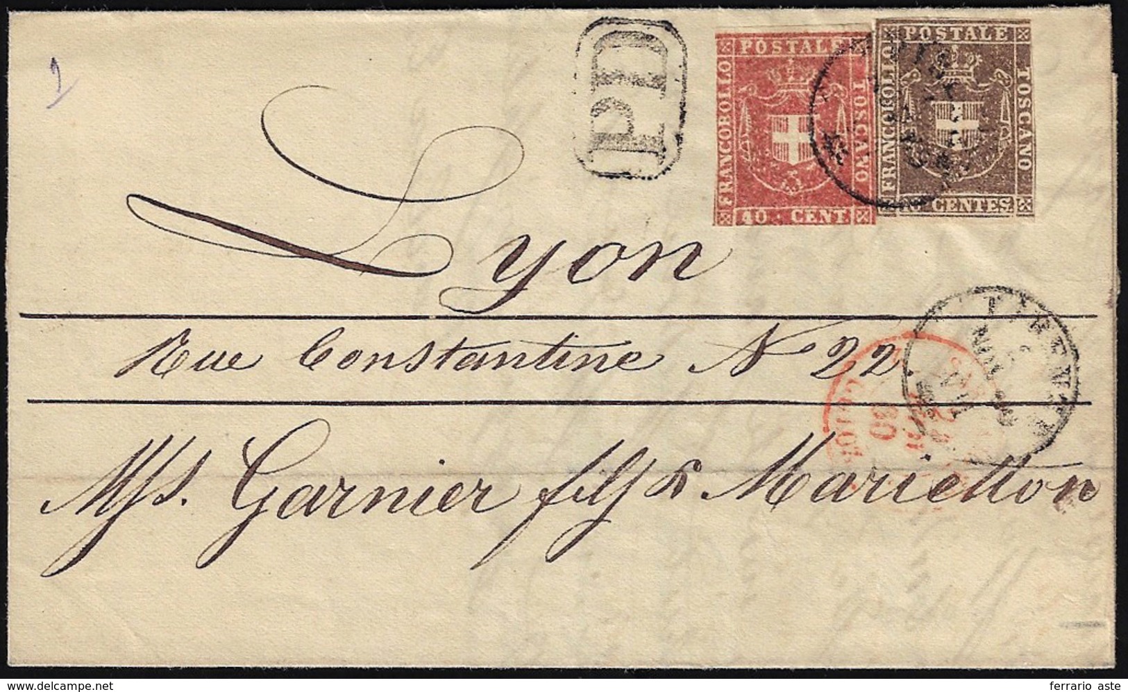 1860 - 40 Cent. Carminio Cupo, 10 Cent. Bruno (21c,19), Margini Leggermente Intaccati, Su Lettera Da... - Toskana