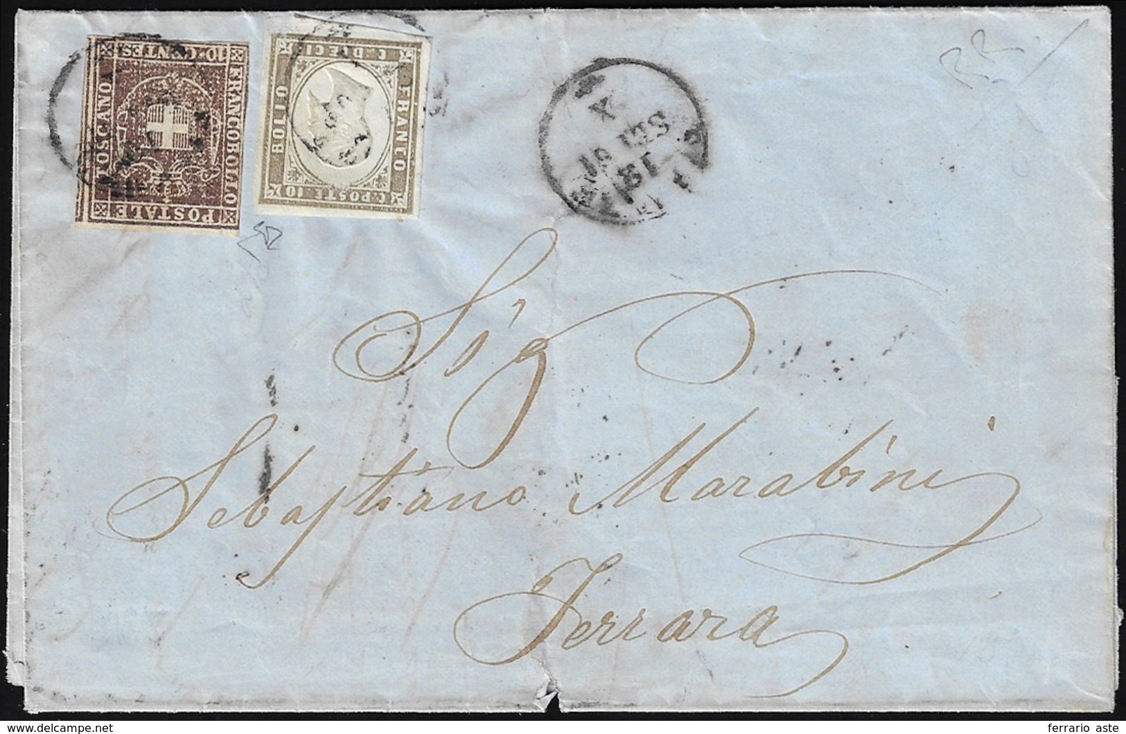 1861 - 10 Cent. Bruno (19), In Affrancatura Mista Con 10 Cent. Bruno Grigio Olivastro Della IV Emiss... - Tuscany