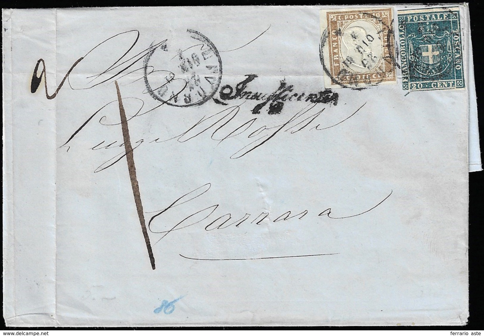 1861 - 20 Cent. Azzurro (20), In Affrancatura Mista Con 10 Cent. Bruno Chiaro Della IV Emissione Di ... - Toscana