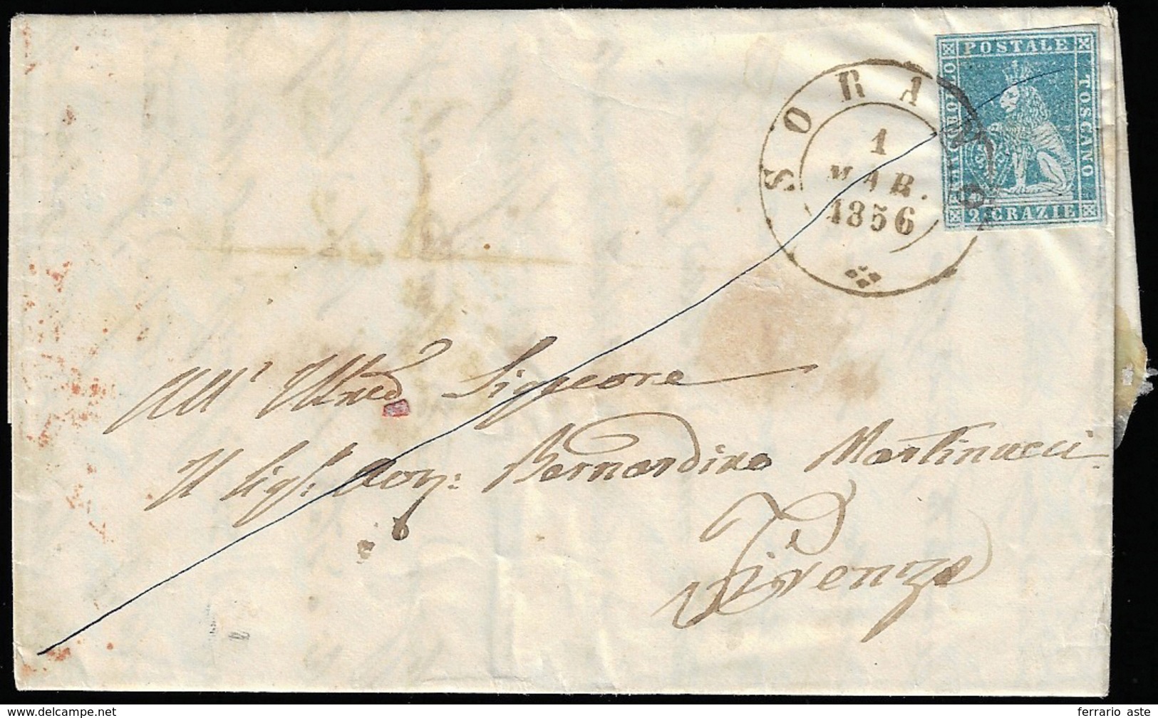 SORANO, Doppio Cerchio Grande Punti 11 - 2 Crazie (5), Perfetto, Su Lettera Del 1/3/1856 Per Firenze... - Tuscany