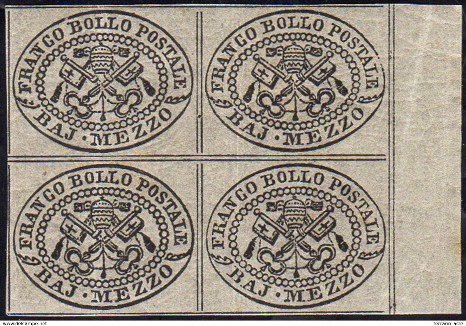 1852 - 1/2 Baj Grigio (1), Blocco Di Quattro, Bordo Di Foglio, Gomma Originale, Integra Per Due Esem... - Kerkelijke Staten
