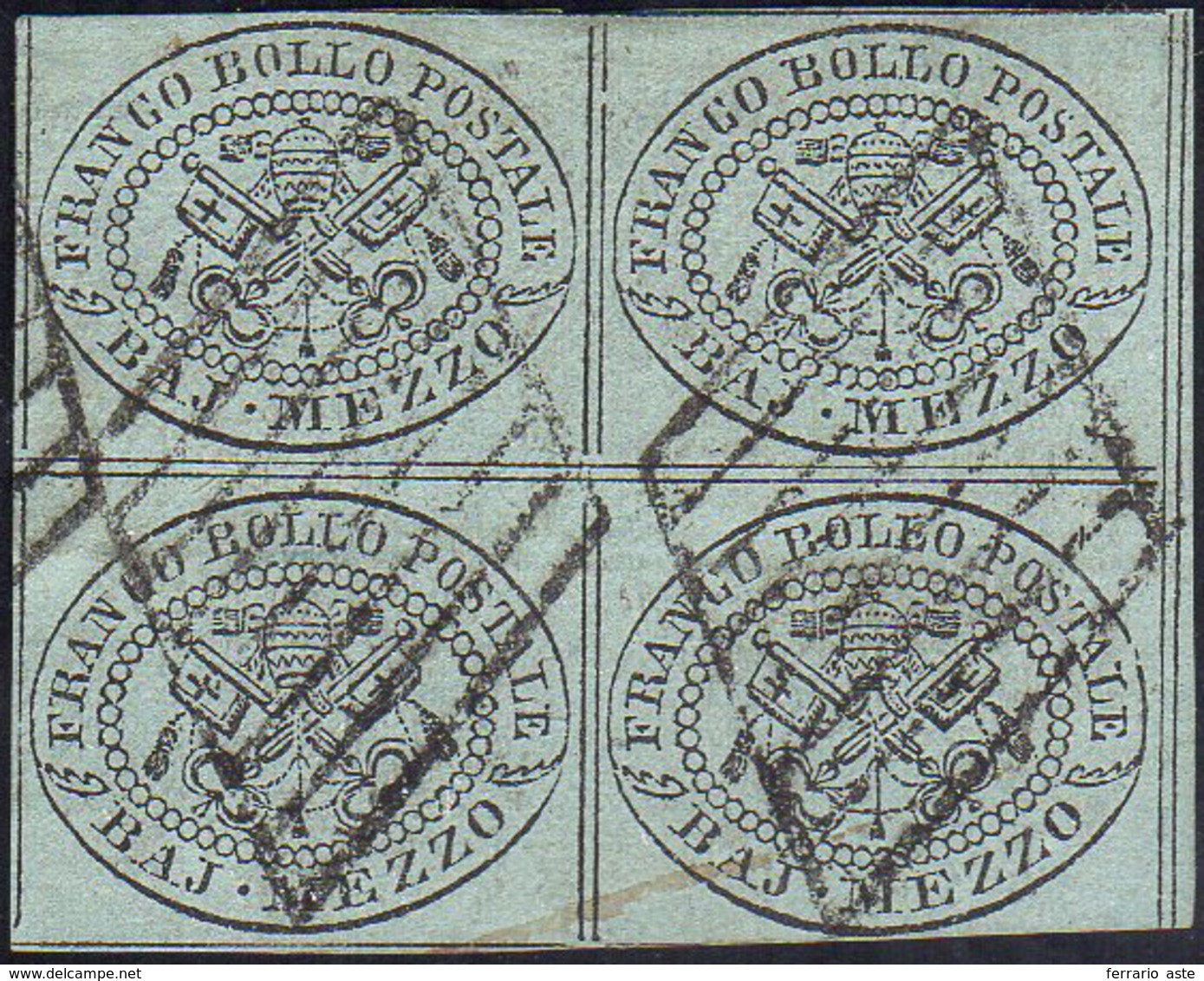 1852 - 1/2 Baj Grigio Azzurro (1a), Blocco Di Quattro, Usato, Perfetto. Bello! Emilio Ed A.Diena. Ex... - Kirchenstaaten