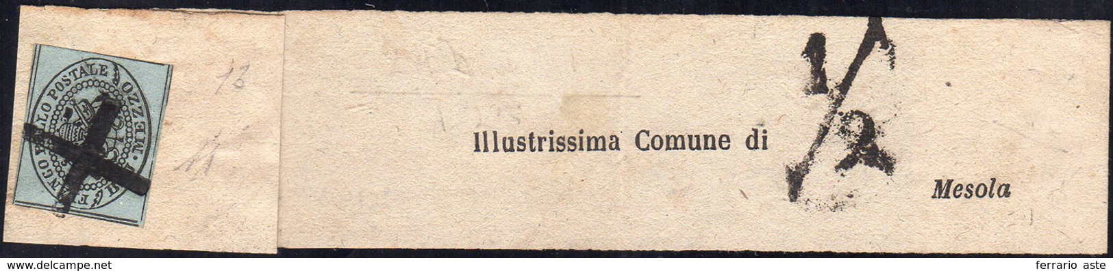 1852 - 1/2 Baj Grigio Azzurro (1a), Perfetto, Al Verso Di Fascetta Per Stampati In Porto Assegnato D... - Kerkelijke Staten
