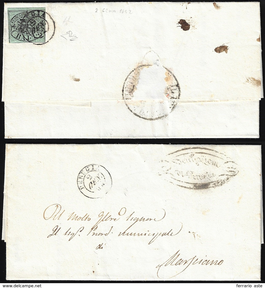 1852 - 1 Baj Verde Grigiastro (2), Perfetto, Al Verso Di Lettera In Porto Assegnato Da Perugia 2/1/1... - Kirchenstaaten