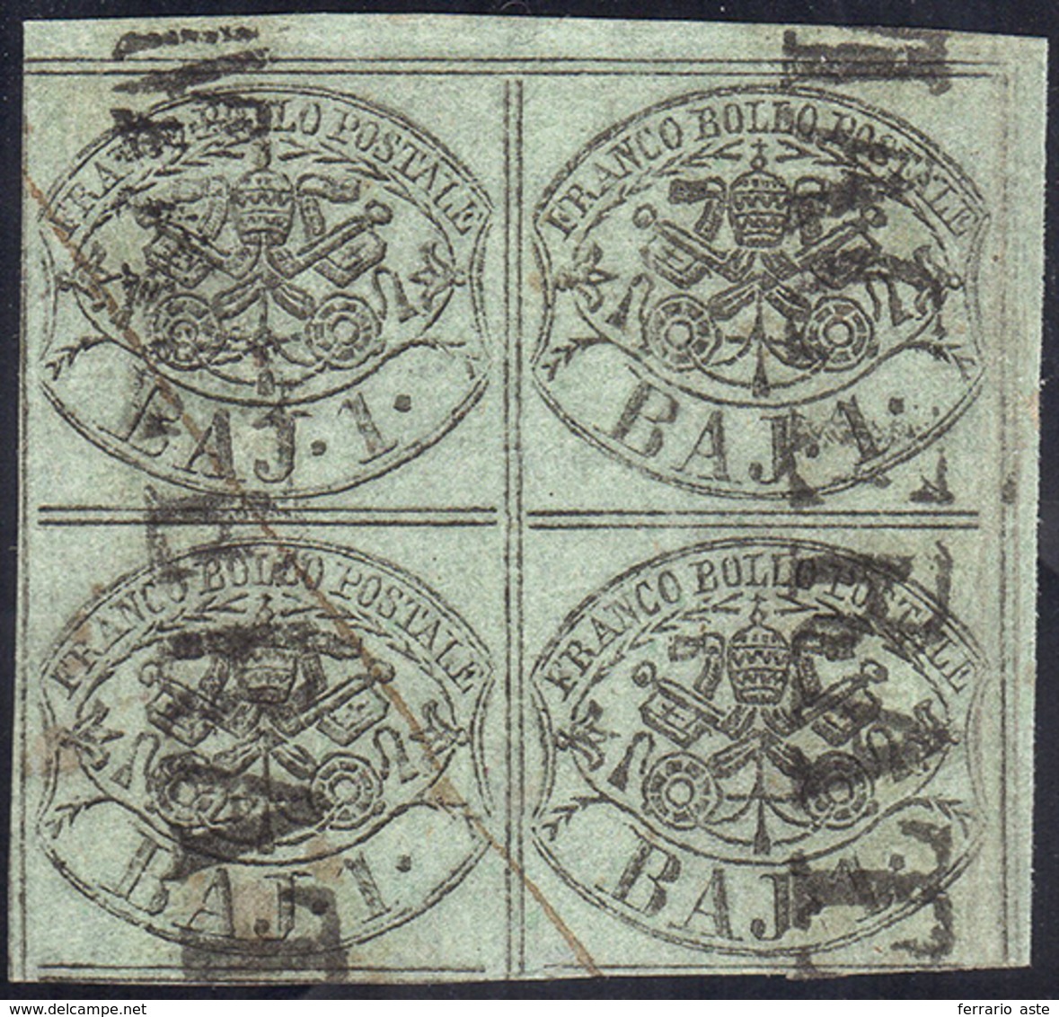 1854 - 1 Baj Grigio Verdastro, Inchiostro Grigio Oleoso (2b), Blocco Di Quattro, Perfetto, Usato A M... - Kirchenstaaten