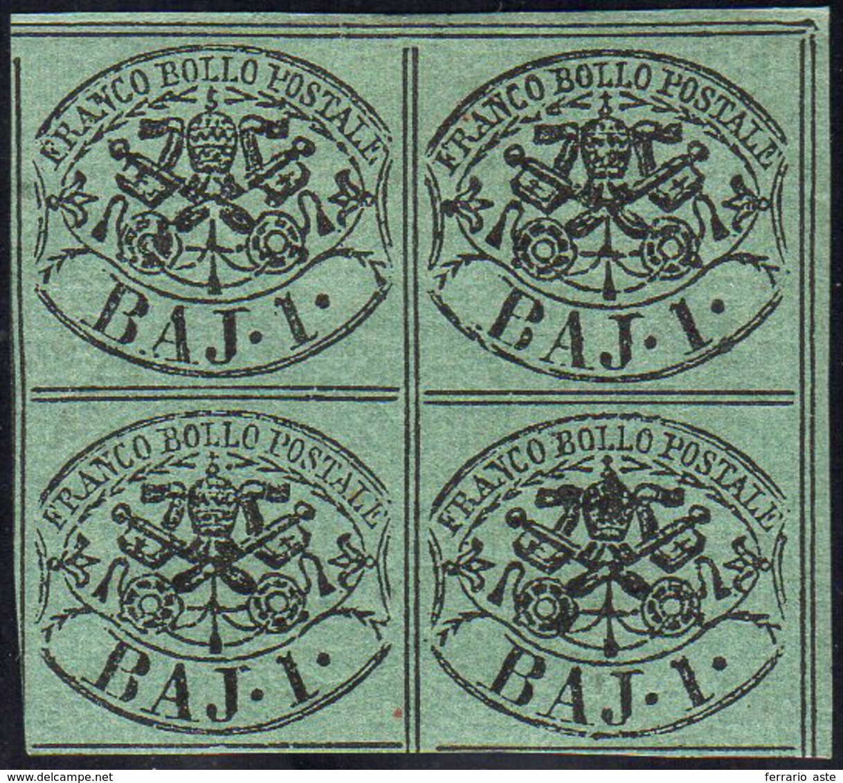 1858 - 1 Baj Verde Scuro, I Composizione (2A), Blocco Di Quattro, Gomma Originale, Integra Per Due E... - Kirchenstaaten