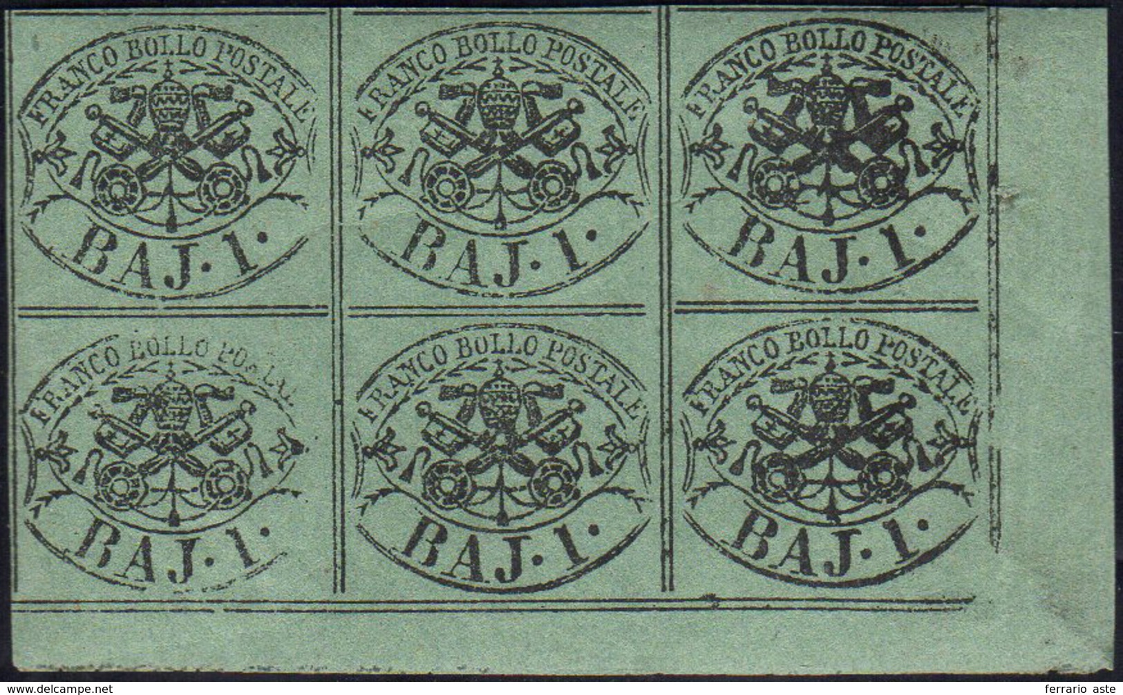 1858 - 1 Baj Verde Scuro, I Composizione (2A), Blocco Di Sei, Angolo Di Foglio, Gomma Originale, Int... - Papal States