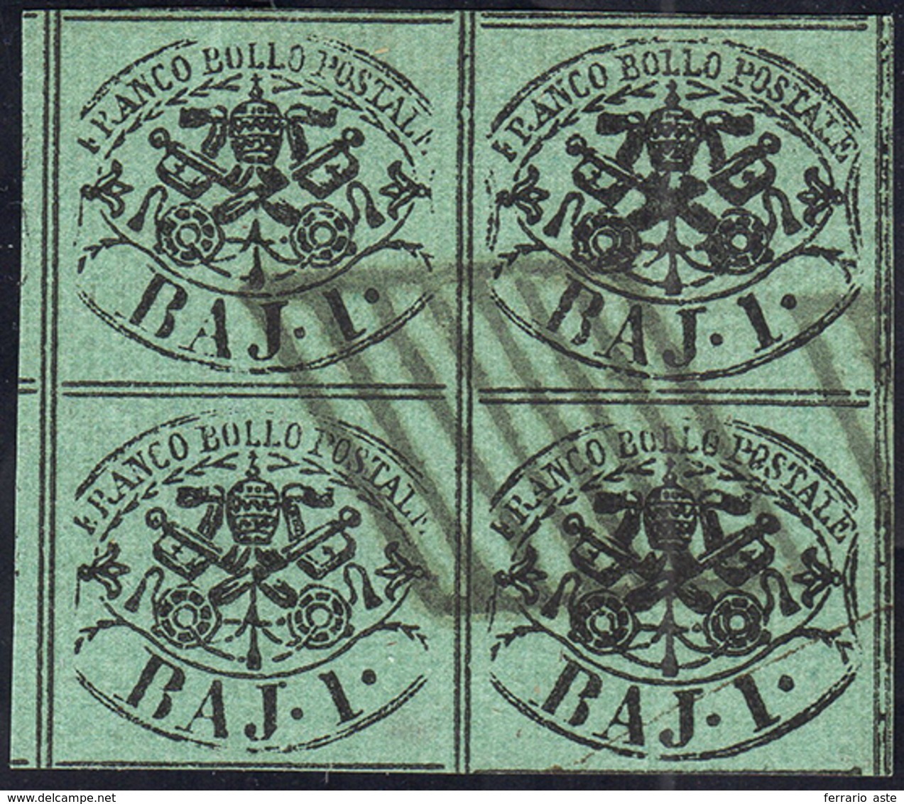1858 - 1 Baj Verde Scuro, I Composizione (2A), Blocco Di Quattro, Usato, Perfetto. Splendido E Raro!... - Papal States