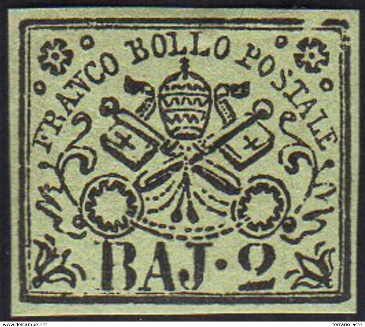 1852 - 2 Baj Verde Oliva (3), Varietà Di Clichè, Gomma Originale, Perfetto. A.Diena. Ex Coll. Andreo... - Kirchenstaaten