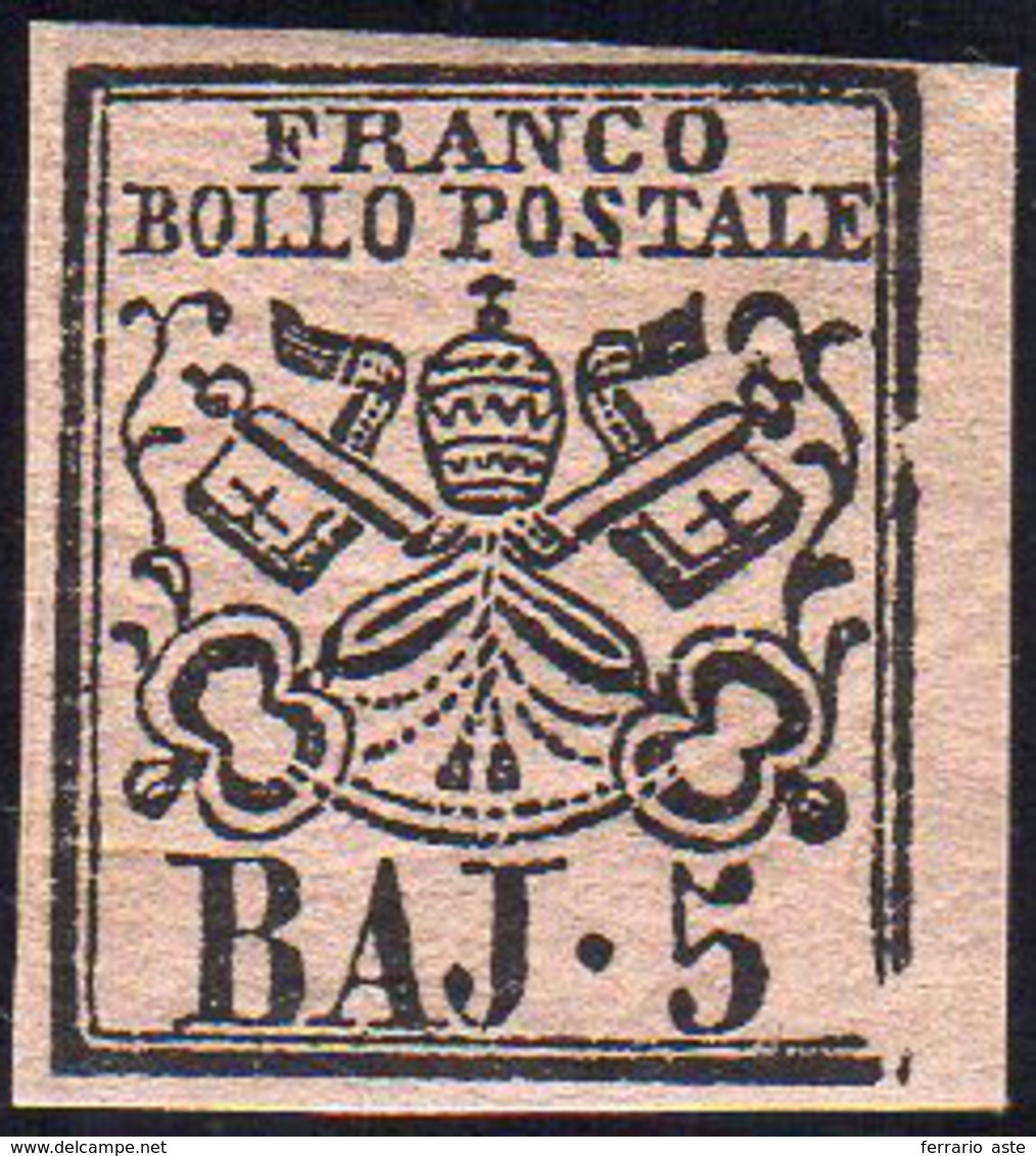 1852 - 5 Baj Rosa Carminio (6A), Bella Varietà Di Clichè, Gomma Originale, Perfetto. Ex Coll. Andreo... - Stato Pontificio