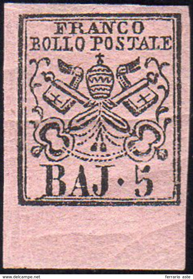 1859 - 5 Baj Rosa Vinaceo (6Aa), Bordo Di Foglio In Basso, Gomma Originale, Perfetto. Bello! A.Diena... - Papal States