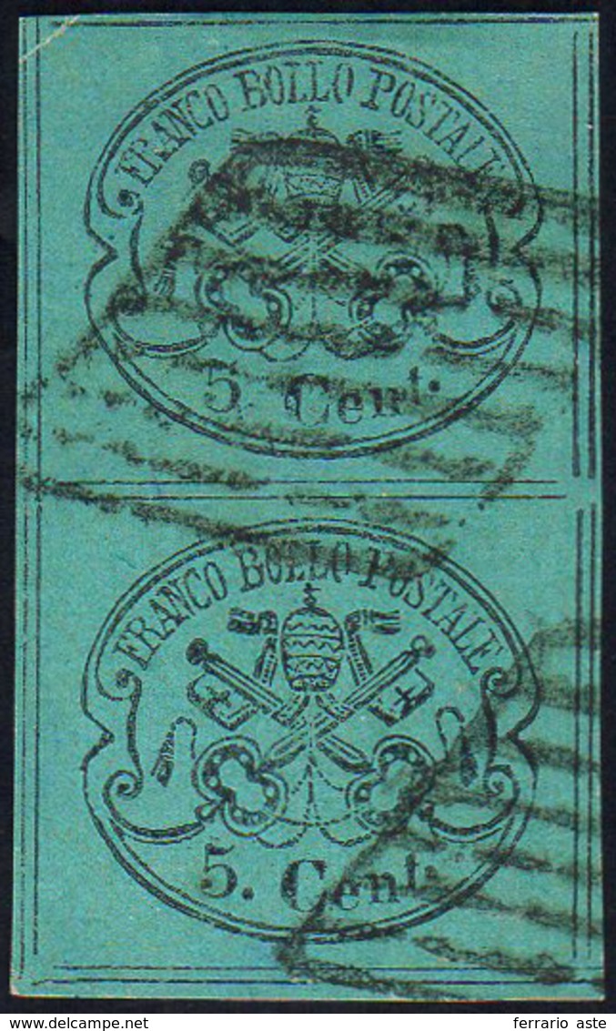 1867 - 5 Cent. Azzurro Verdasto (16), Coppia Verticale Con L'esemplare Inferiore Otto Filetti, Usata... - Stato Pontificio