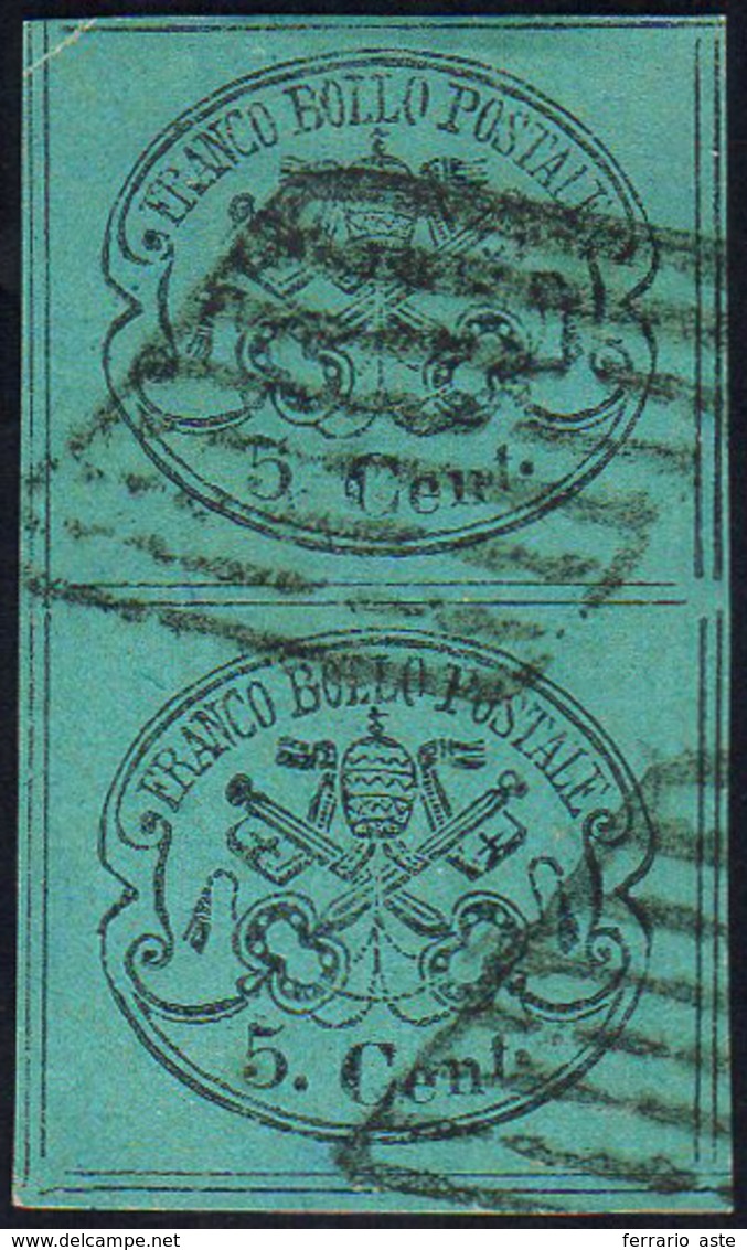 1867 - 5 Cent. Azzurro Verdasto (16), Coppia Verticale Con L'esemplare Inferiore Otto Filetti, Usata... - Papal States