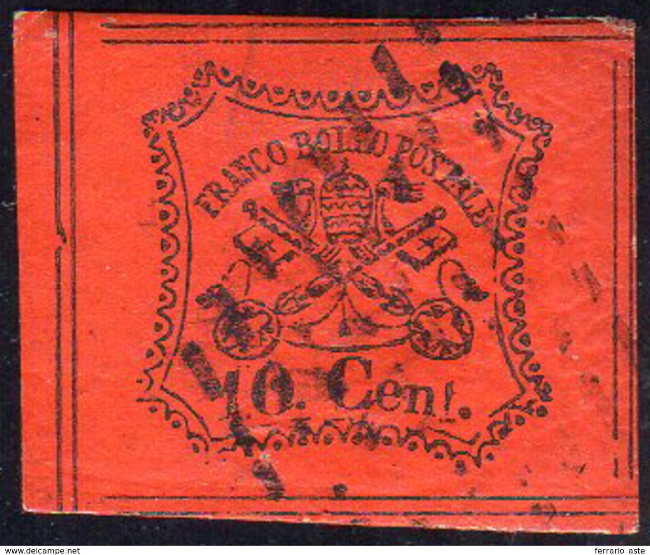 1867 - 10 Cent. Vermiglio Arancio, "otto Filetti" (17), Usato, Perfetto. Bello! Cert. G.Bolaffi. Ex ... - Stato Pontificio