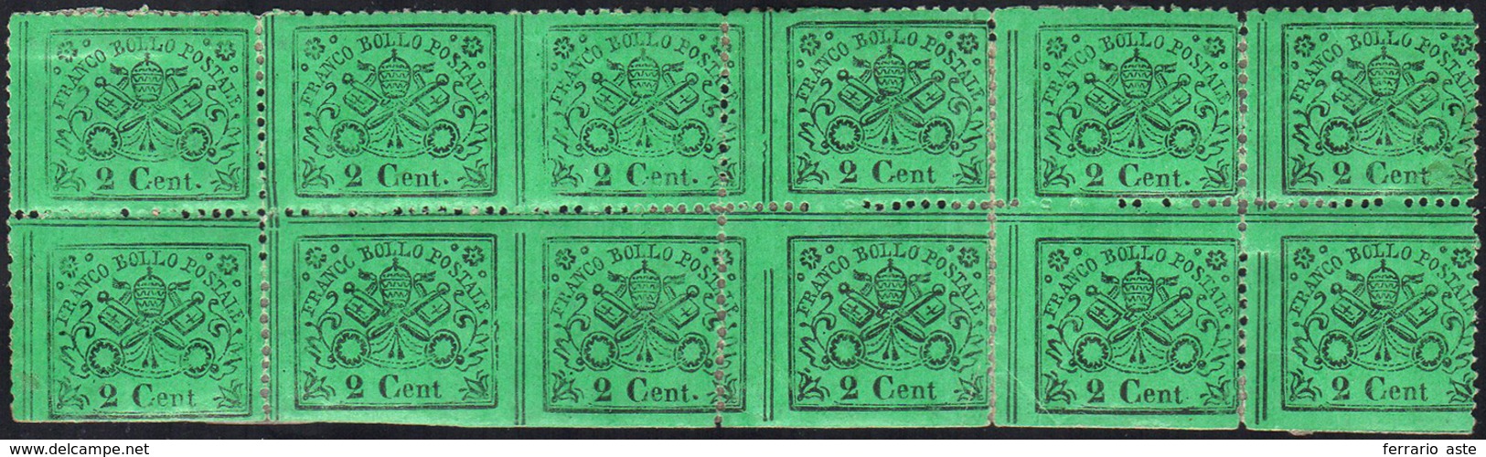 1868 - 2 Cent. Verde Chiaro, Blocco Di 12 Esemplari Con Due Coppie Orizzontali Non Dentellate In Mez... - Papal States