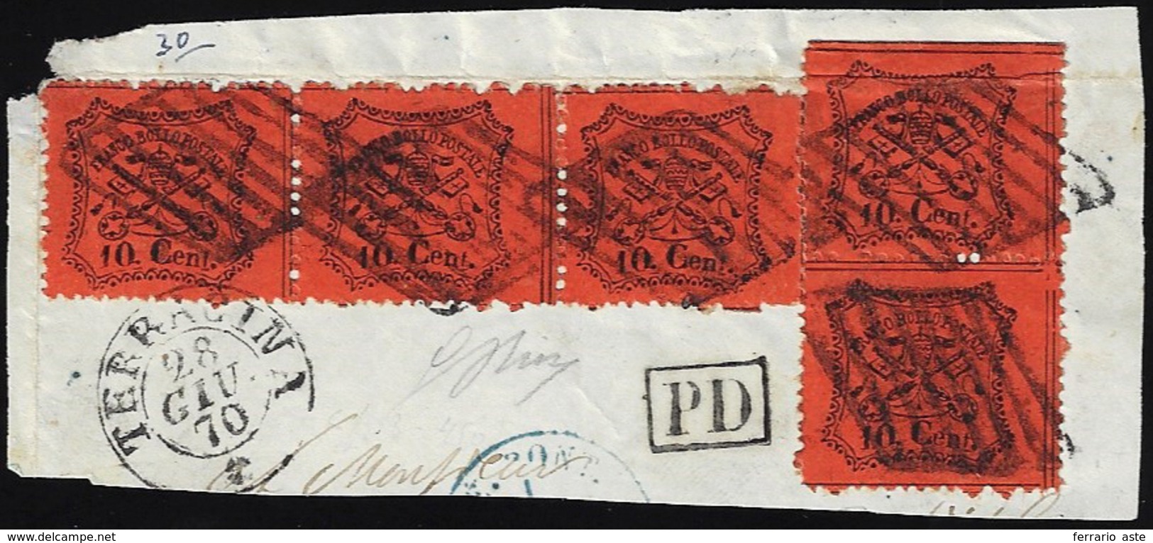 1870 - 10 Cent. (26), Striscia Di Tre E Coppia, Lieve Piega Orizzontale Su Un Esemplare, Usate Su Fr... - Kirchenstaaten