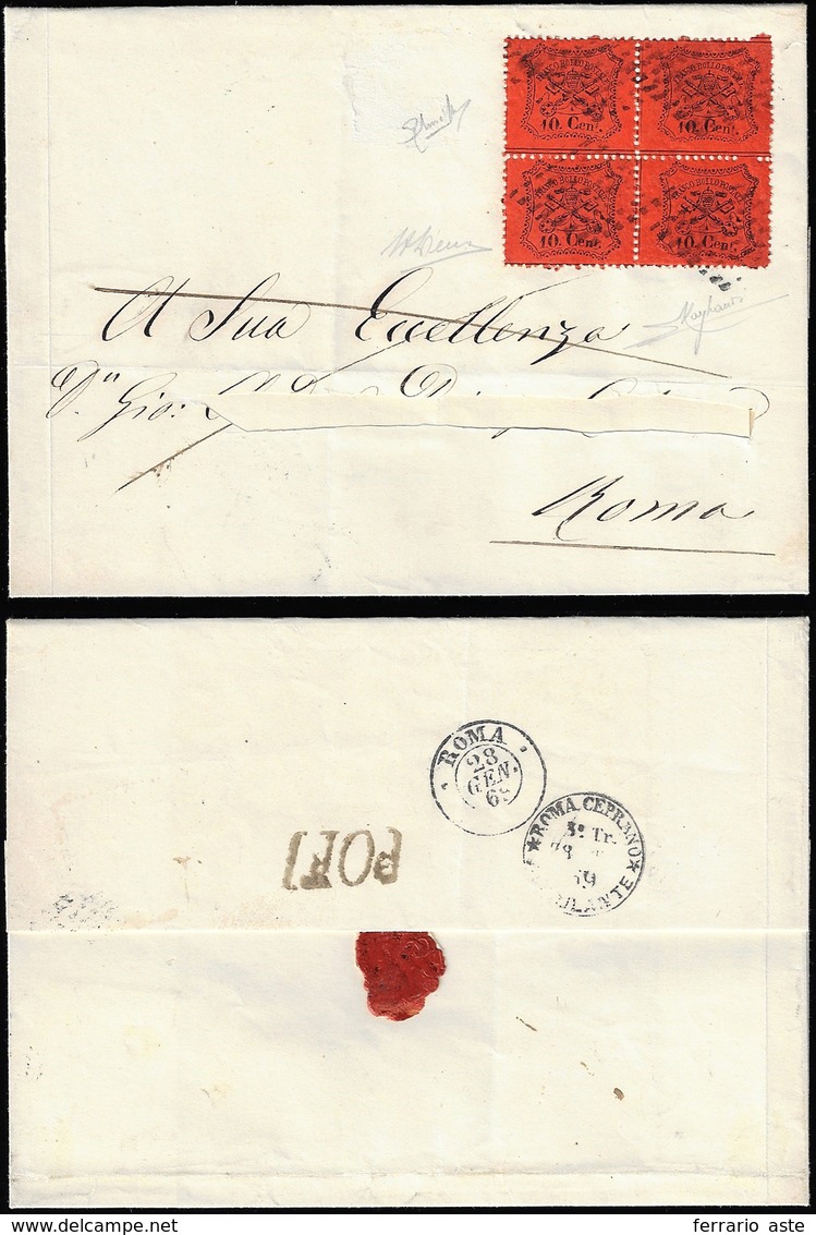 1869 - 10 Cent. Arancio Vermiglio (26), Blocco Di Quattro, Perfetto, Su Sovracoperta Di Lettera, Ind... - Kirchenstaaten