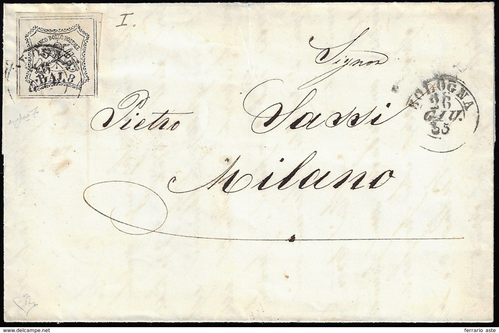 1855 - 8 Baj Bianco, Falso Per Posta Di Bologna, I Tipo, Otto Filetti (F4), Perfetto, Su Lettera Da ... - Papal States