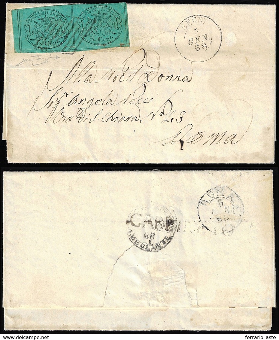 CARPINETO, Punti R1 - 5 Cent. (16), Coppia, Perfetta, Su Lettera Del 4/1/1868 Per Roma. Rara. Raybau... - Papal States