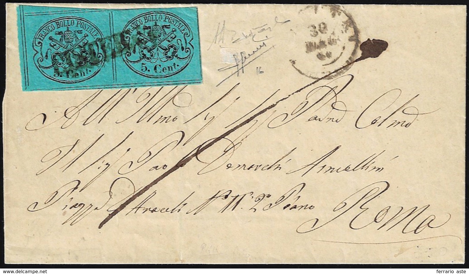 CISTERNA, Punti 13 - 5 Cent. (16), Coppia, Su Sovracoperta Di Lettera Del 30/5/1867, Datario Di Vell... - Kirchenstaaten