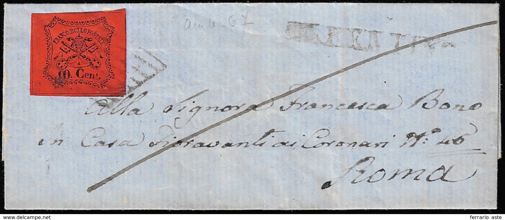 FERENTINO, SD Punti 10 - 10 Cent. (17), Perfetto, Su Lettera Del 21/10/1867 Per Roma. Ex Coll. Andre... - Kirchenstaaten