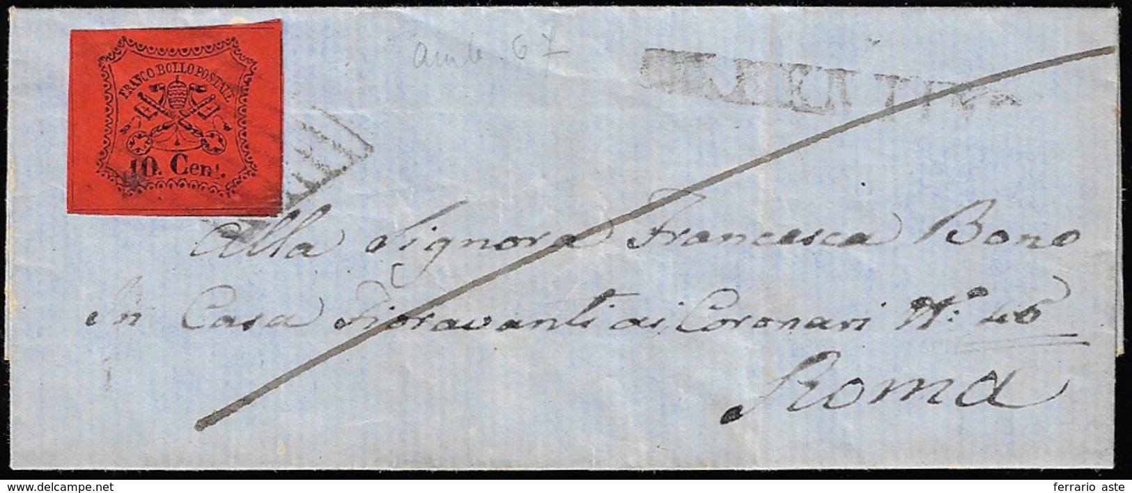 FERENTINO, SD Punti 10 - 10 Cent. (17), Perfetto, Su Lettera Del 21/10/1867 Per Roma. Ex Coll. Andre... - Stato Pontificio