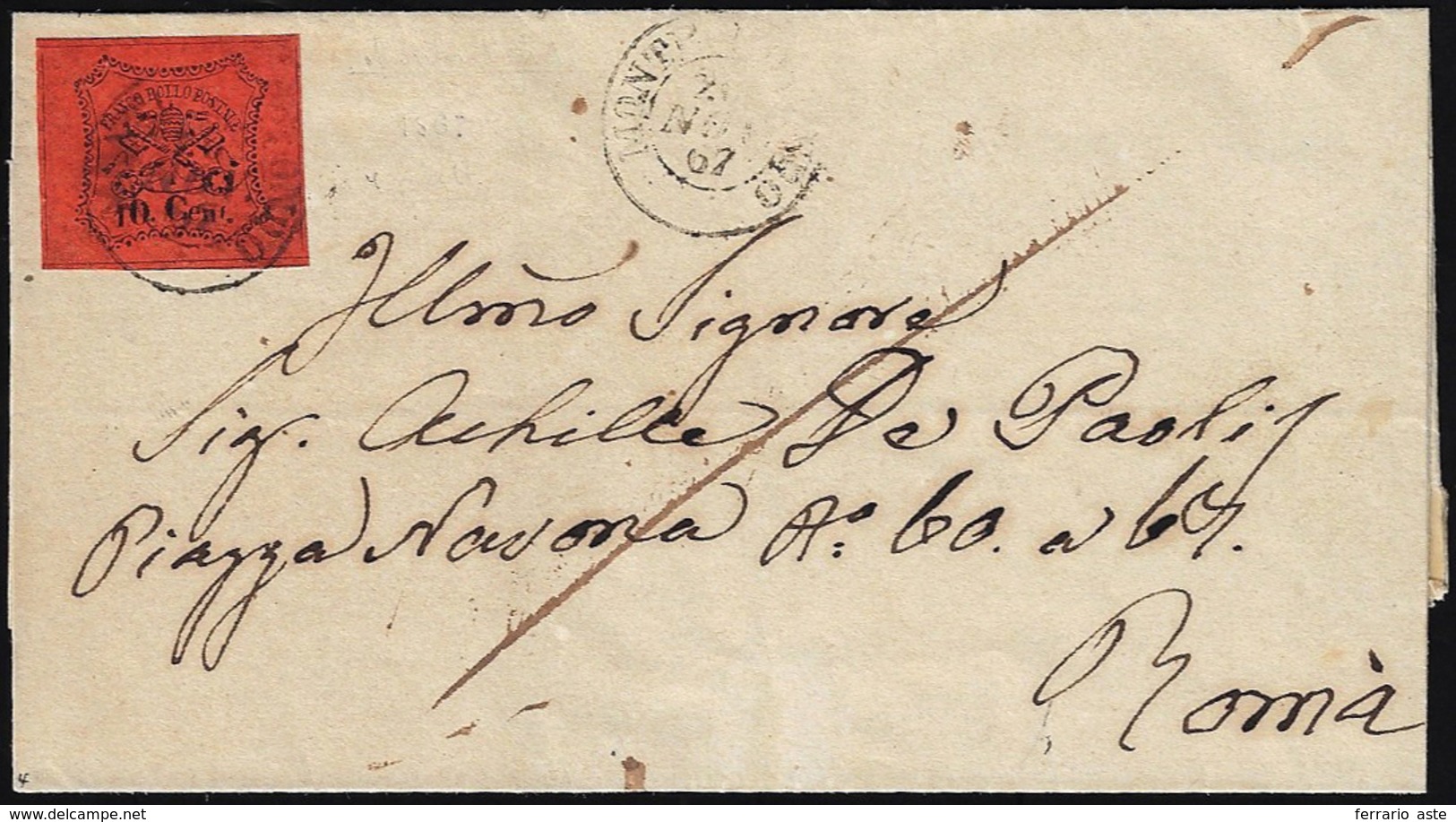 MONTEROTONDO, Punti R1 - 10 Cent. (17), Perfetto, Su Sovracoperta Di Lettera Del 28/11/1867 A Roma. ... - Kerkelijke Staten