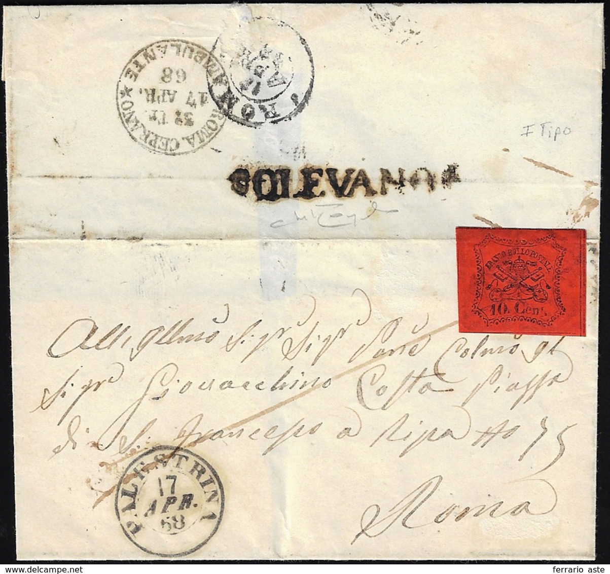 OLEVANO, I Tipo Punti 13 - 10 Cent. (17), Perfetto, Su Sovracoperta Di Lettera Per Roma 17/4/1868. R... - Kerkelijke Staten
