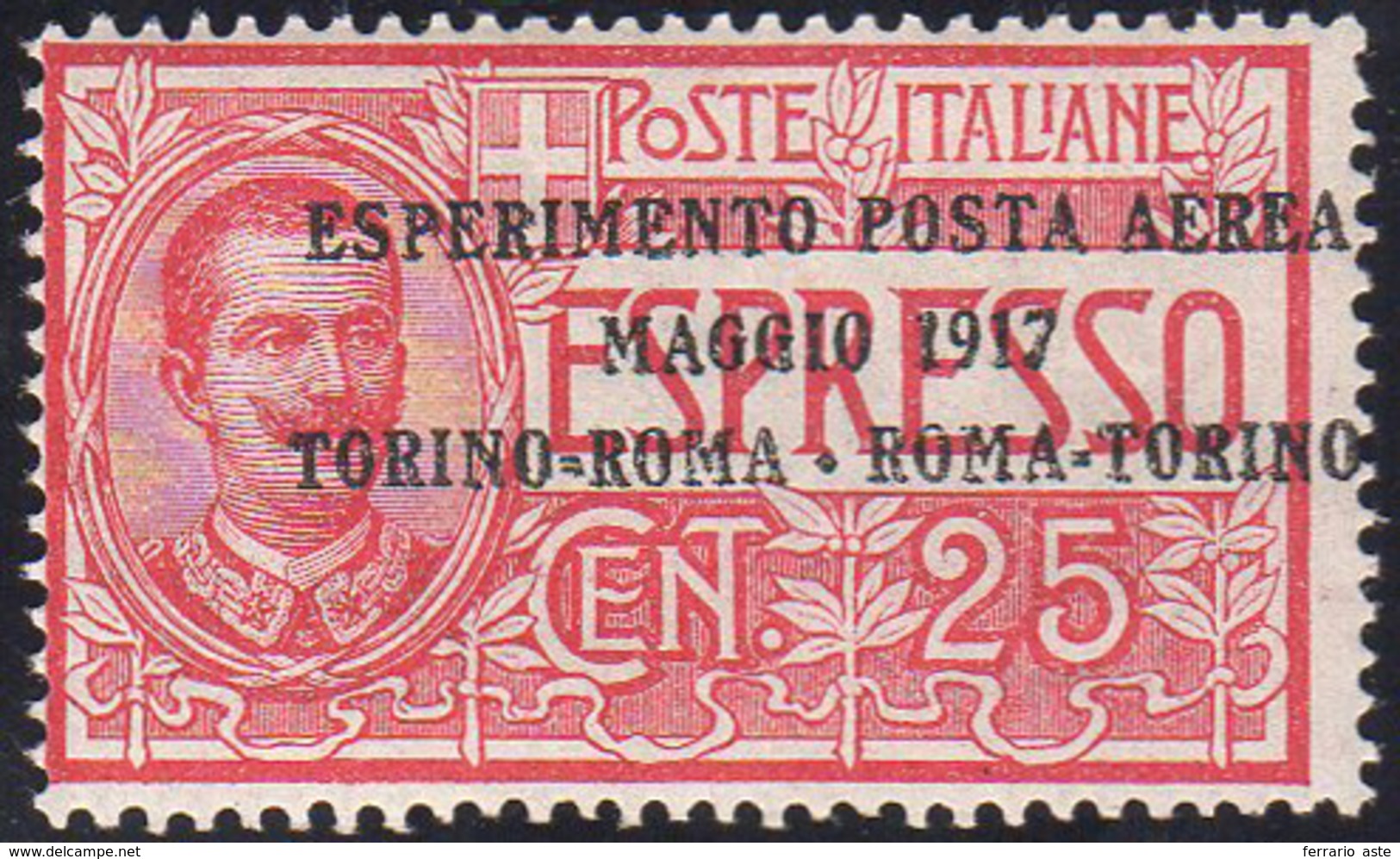 1917 - 25 Cent. Volo Torino-Roma, Soprastampa Fortemente Spostata A Destra (1a), Gomma Integra, Perf... - Ohne Zuordnung