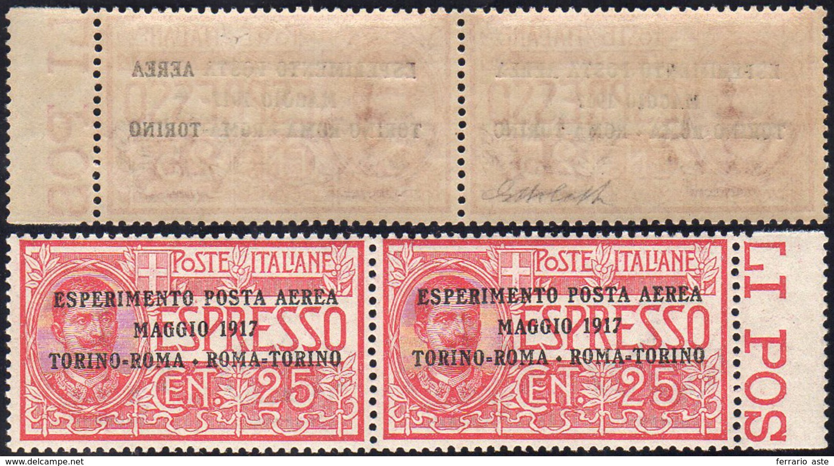 1917 - 25 Cent. Volo Torino-Roma, Decalco Parziale Della Soprastampa (1b), In Coppia Con Il Normale,... - Non Classificati