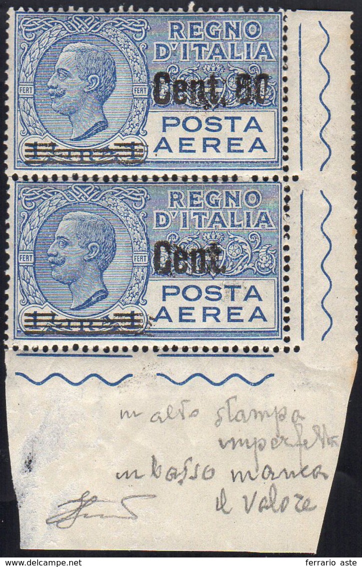 1927 - 80 Cent. Su 1 Lira, Soprastampa Incompleta In Coppia Con Il Normale (9f,9), Angolo Di Foglio,... - Unclassified