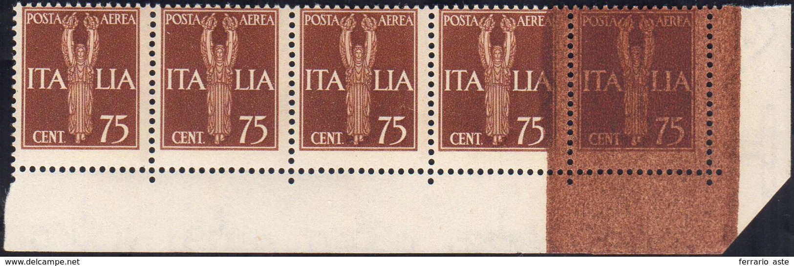 1930 - 75 Cent. Imperiale (12), Striscia Di Cinque, Angolo Di Foglio, L'ultimo Esemplare Con La Stam... - Zonder Classificatie