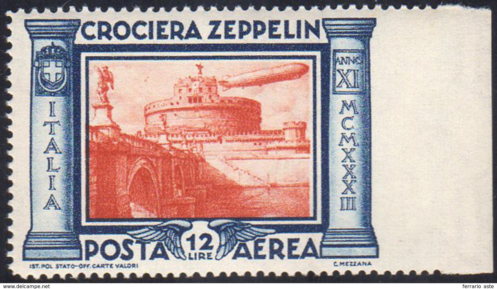 1933 - 12 Lire Crociera Zeppelin, Non Dentellato A Destra (48a), Bordo Di Foglio, Gomma Integra, Per... - Ohne Zuordnung