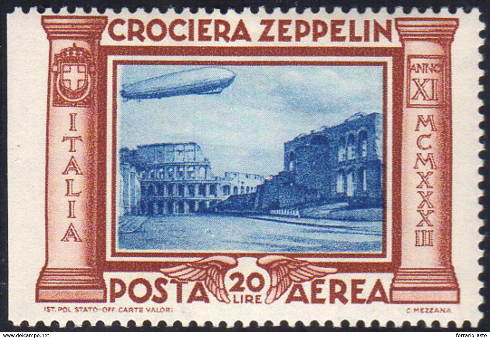 1933 - 20 Lire Crociera Zeppelin (50), Non Dentellato A Sinistra, Gomma Originale, Perfetto. Bella V... - Zonder Classificatie