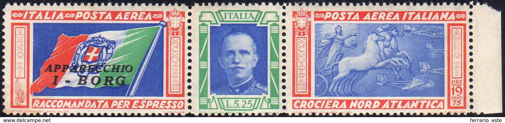 1933 - 5,25 + 19,75 Lire Trittico I-BORG, Varietà "ciuffo" (51Da), Bordo Di Foglio, Gomma Integra, P... - Non Classificati