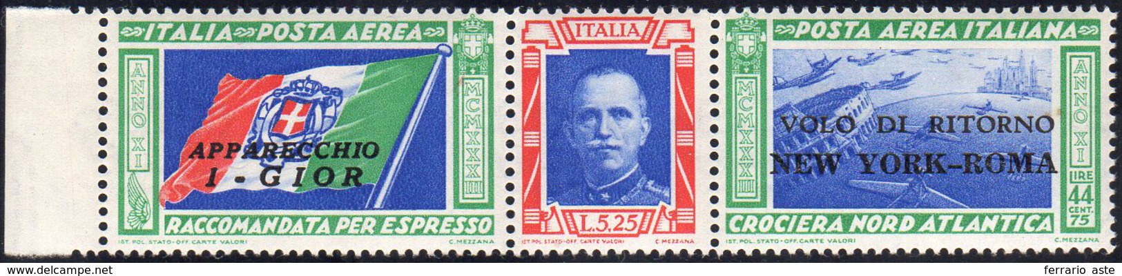 1933 - 5,25 + 44,75 Lire Trittico I-GIOR, Non Emesso, Soprastampato "VOLO DI RITORNO NEW YORK-ROMA" ... - Ohne Zuordnung