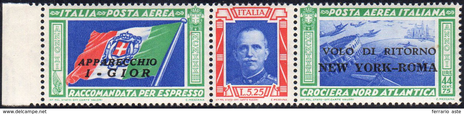 1933 - 5,25 + 44,75 Lire Trittico I-GIOR, Non Emesso, Soprastampato "VOLO DI RITORNO NEW YORK-ROMA" ... - Zonder Classificatie