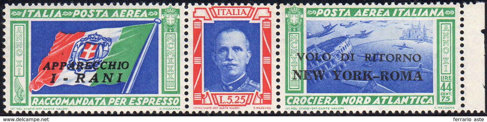 1933 - 5,25 + 44,75 Lire Trittico I-RANI, Non Emesso, SOPRASTAMPA "VOLO DI RITORNO NEW YORK-ROMA" FO... - Zonder Classificatie