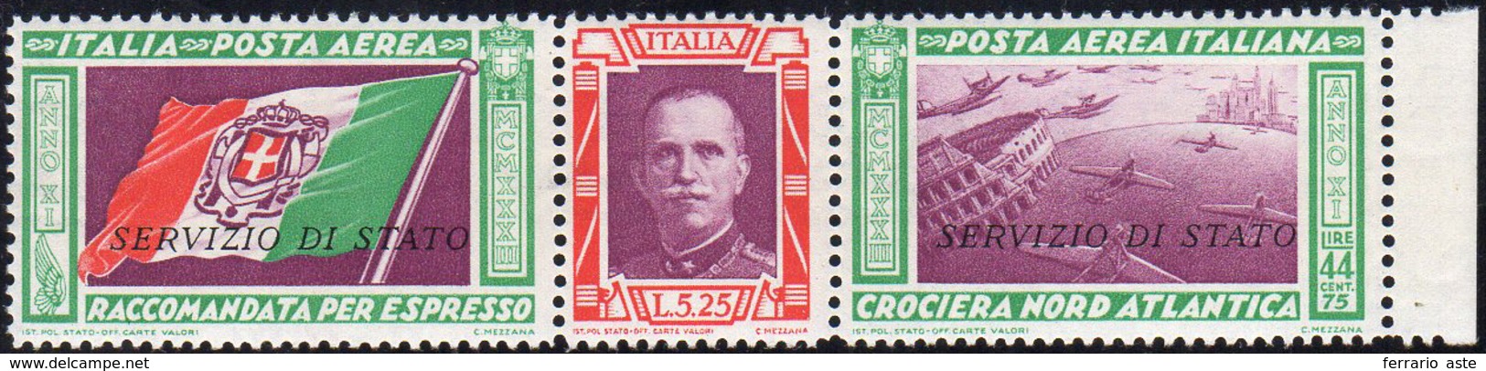 SERVIZIO AEREO 1933 - 5,25 + 44,75 Lire Trittico Servizio Di Stato (1), Gomma Integra, Perfetto. Cer... - Non Classificati