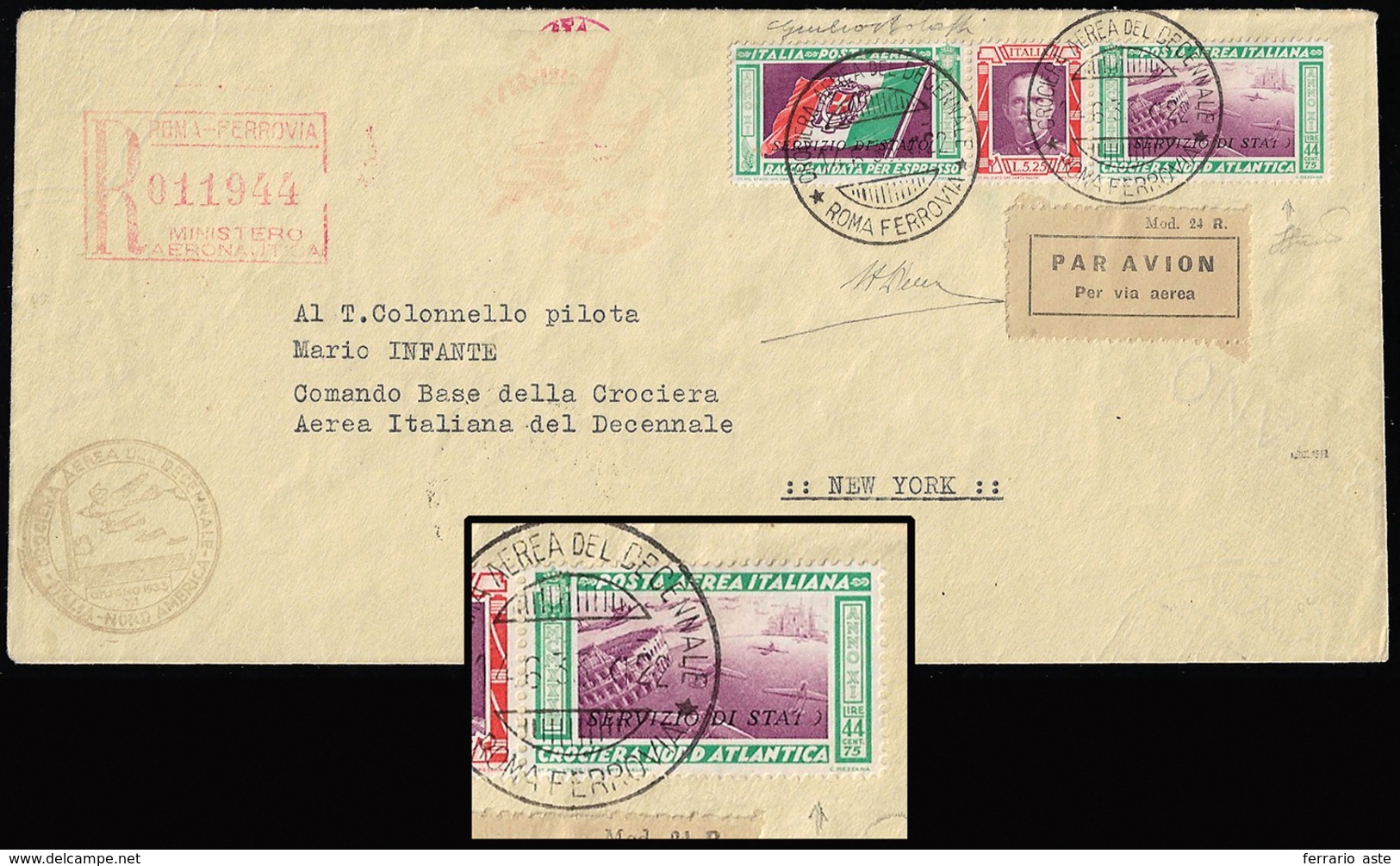 SERVIZIO AEREO 1933 - 5,25 + 44,75 Lire Trittico Servizio Di Stato, SOPRASTAMPA DELLA "T" E DELLA "O... - Unclassified