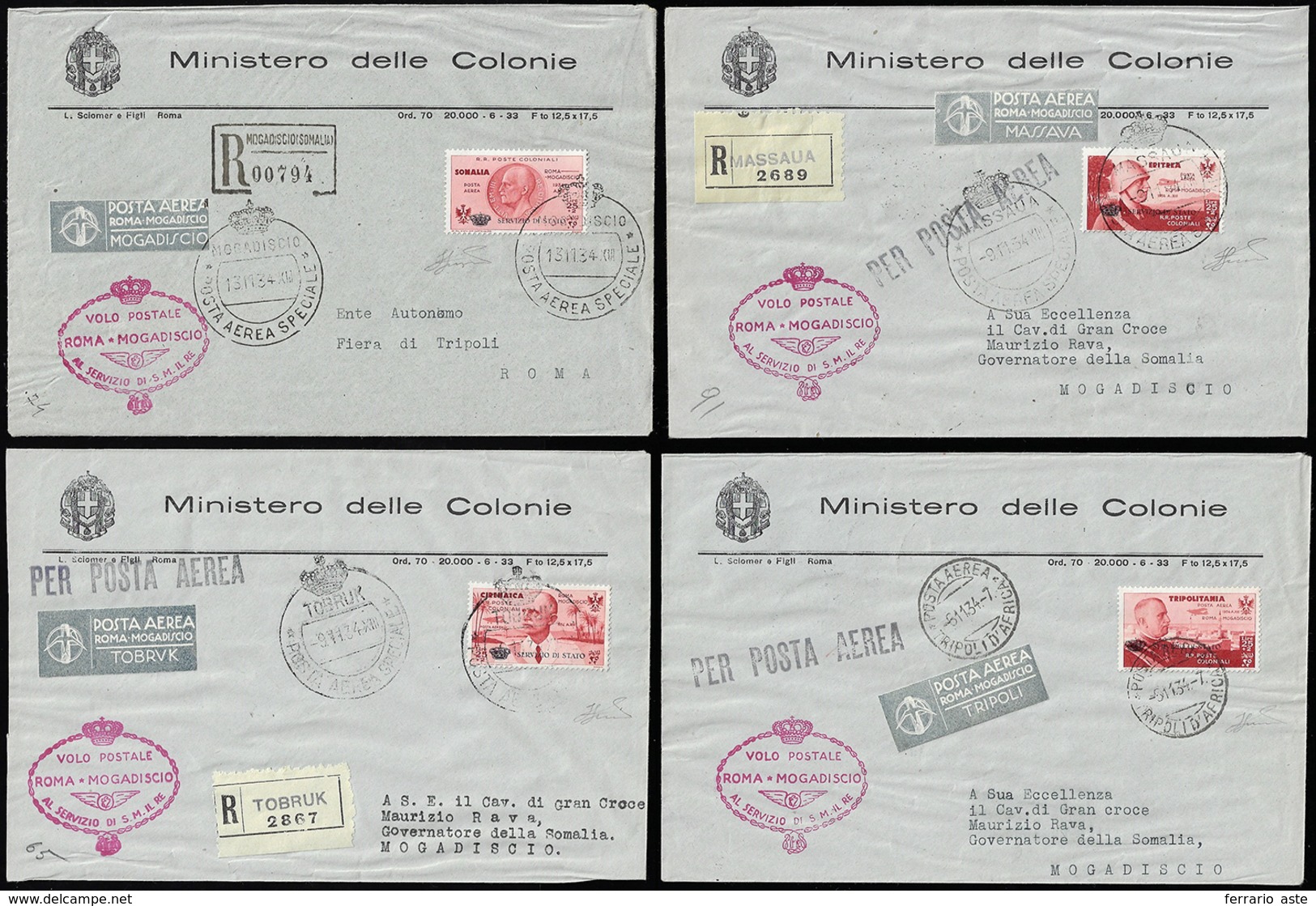 SERVIZIO AEREO COLONIE ITALIANE 1934 - 25 + 2 Lire, Servizio Di Stato Coroncina, Serie Completa Di Q... - Zonder Classificatie